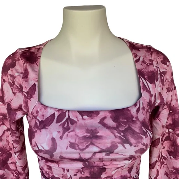 Pink Floral Square Neck Cropped Long Sleeve Top – Ruched, Size Small - Picture 4 of 17